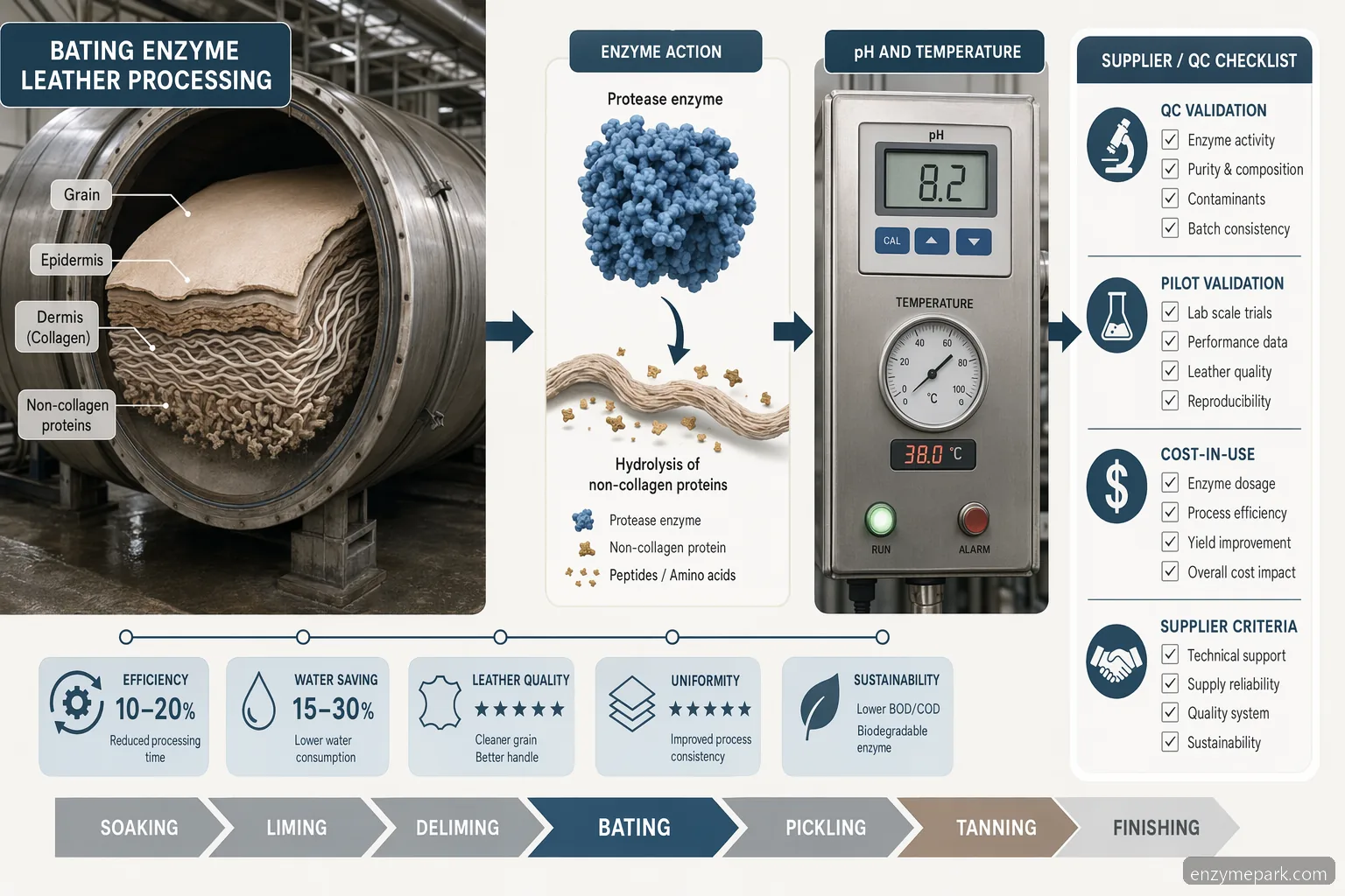 bating enzyme leather process guide showing tannery controls, enzyme selection, QC checks, and cost-in-use