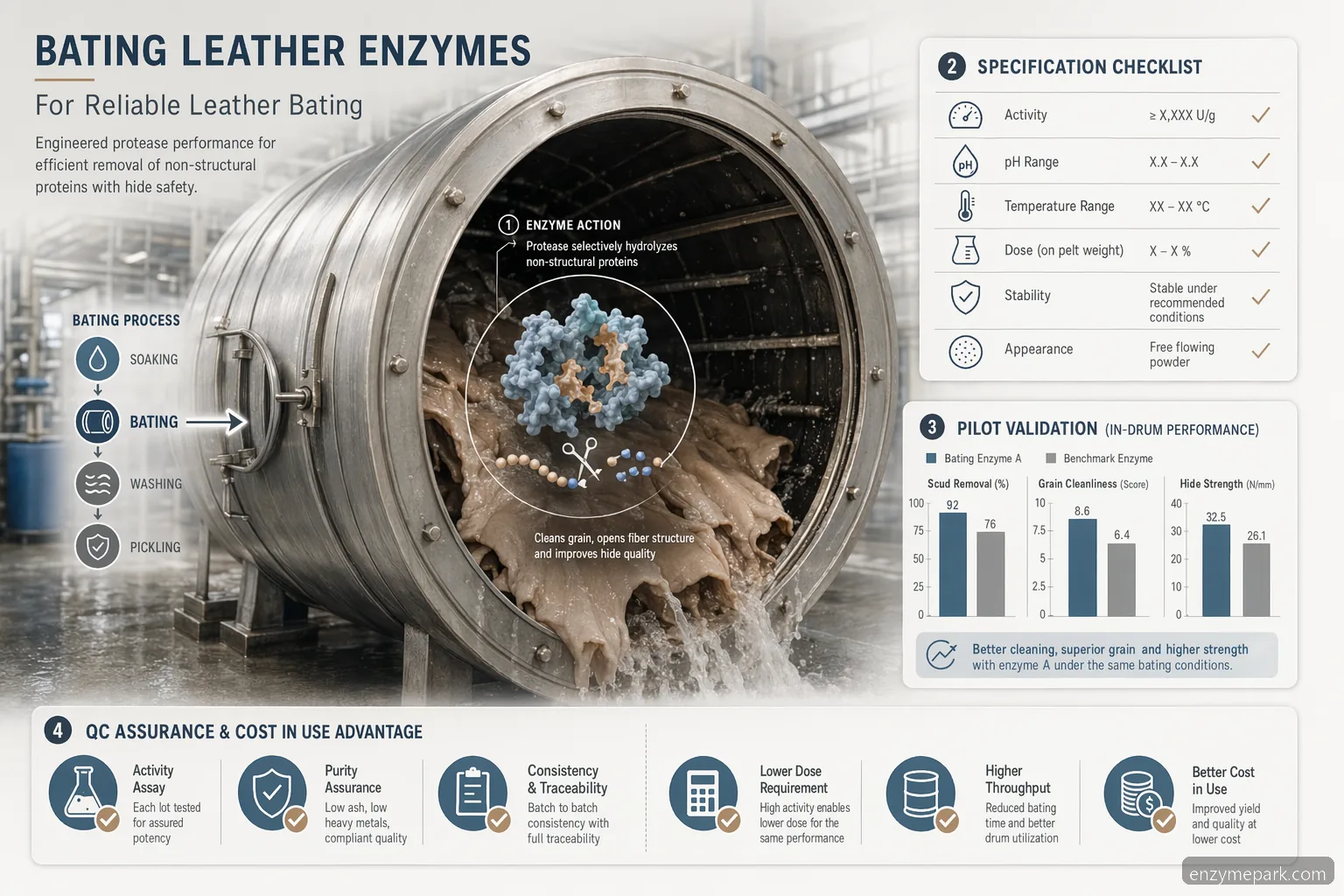 bating leather enzymes for reliable leather bating, showing drum performance, specs, QC, and cost-in-use checks