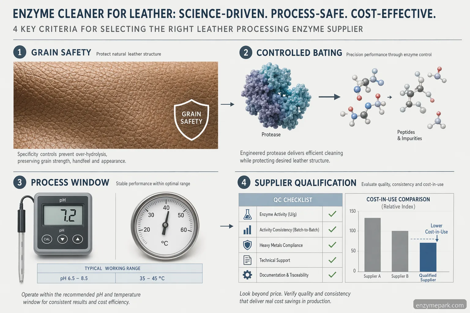 enzyme cleaner for leather couch supplier guide, infographic linking bating control, grain safety, QC, and cost-in-use