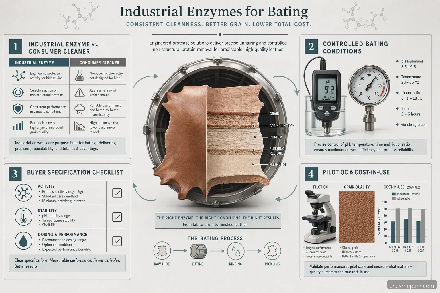 enzyme cleaner for leather specification checklist showing bating conditions, QC tests, cost-in-use, and supplier checks