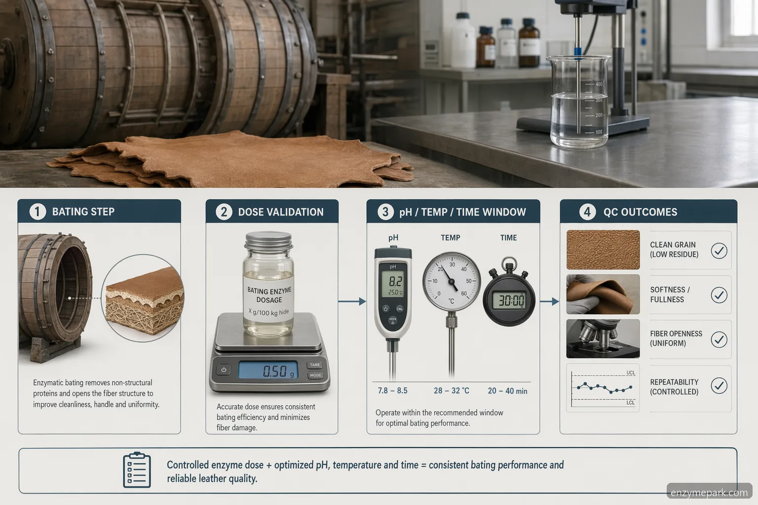 leather enzymes for leather bating process control guide showing dosage, pH, temperature, time, and QC checks
